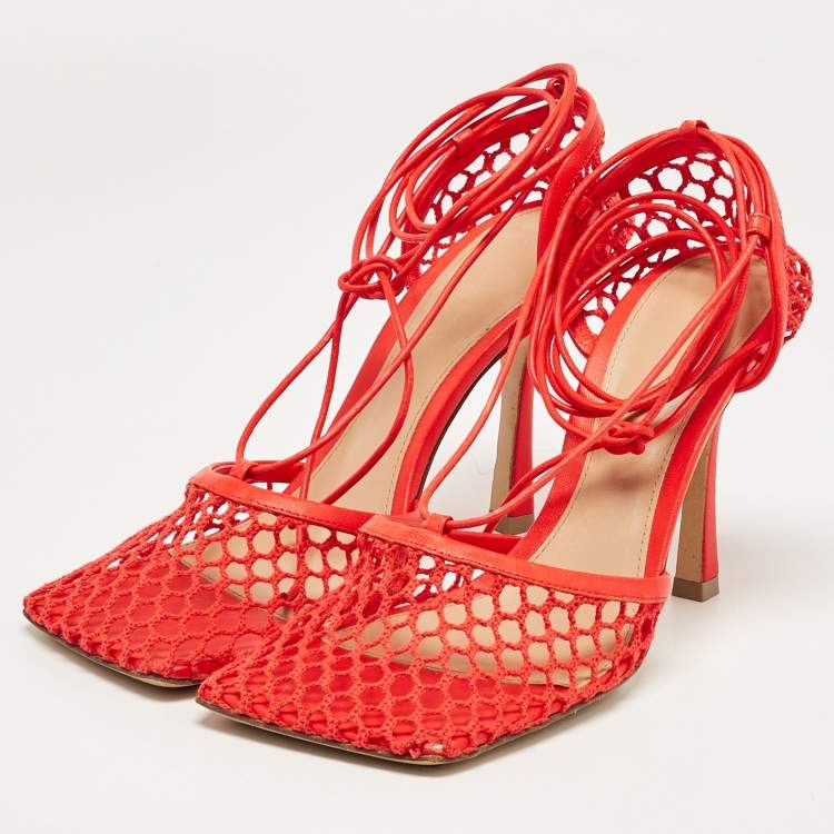 Pre Owned Bottega Veneta Coral Red Mesh and Leather Stretch Wrap Pumps Size 38
