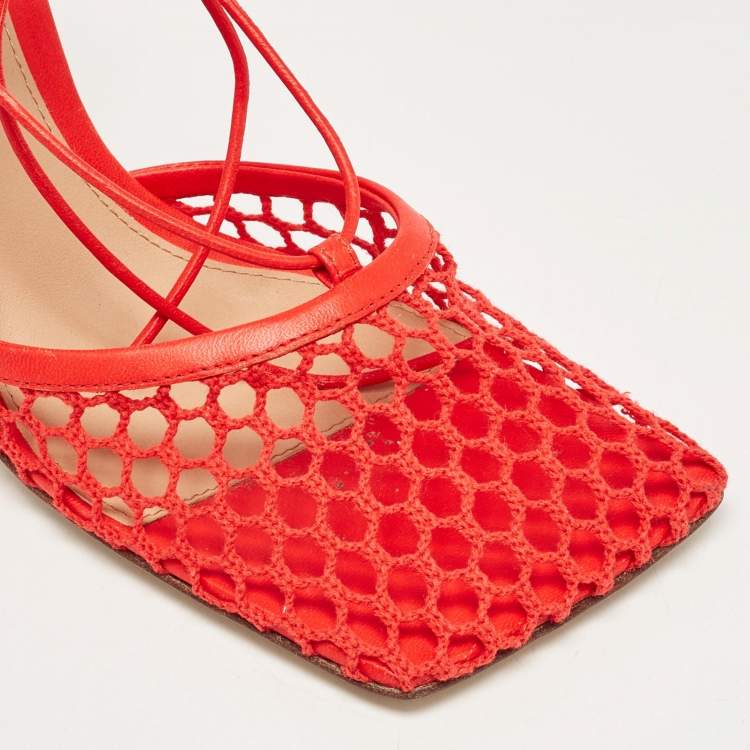 Pre Owned Bottega Veneta Coral Red Mesh and Leather Stretch Wrap Pumps Size 38