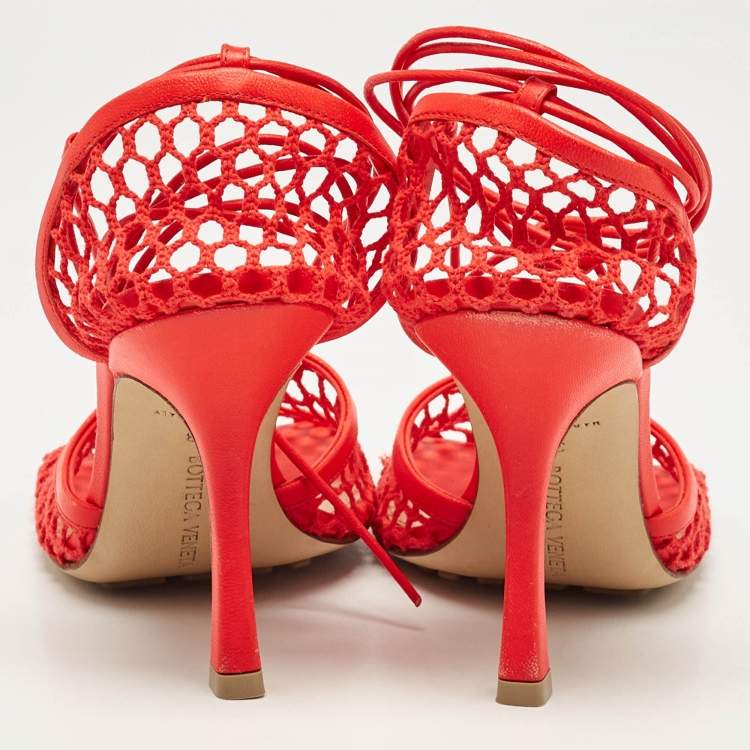 Pre Owned Bottega Veneta Coral Red Mesh and Leather Stretch Wrap Pumps Size 38