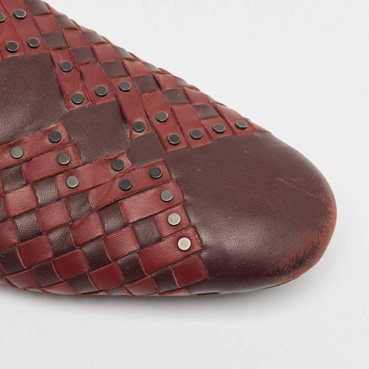 Pre Owned Bottega Veneta Burgundy Intrecciato Leather Fiandra Flat Mules Size 40.5