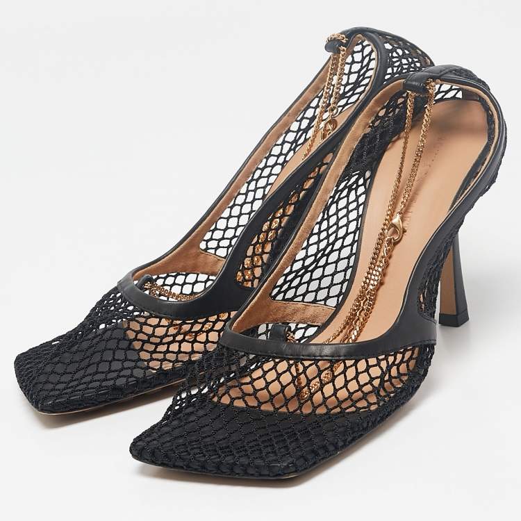 Pre Owned Bottega Veneta Black Mesh and Leather Stretch Ankle Strap Pumps Size 39