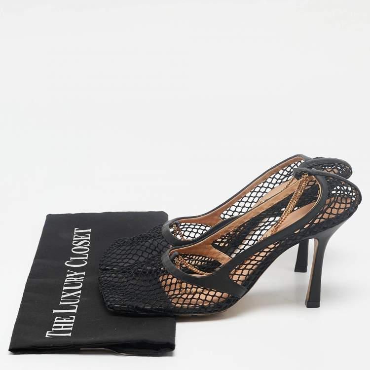 Pre Owned Bottega Veneta Black Mesh and Leather Stretch Ankle Strap Pumps Size 39