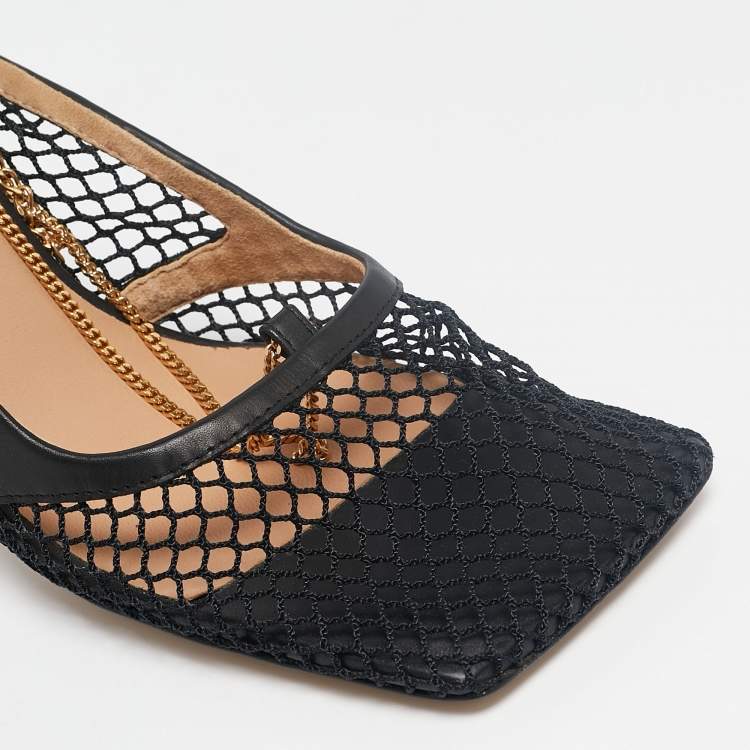 Pre Owned Bottega Veneta Black Mesh and Leather Stretch Ankle Strap Pumps Size 39