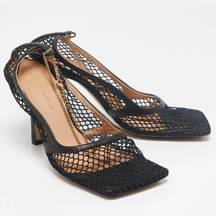 Pre Owned Bottega Veneta Black Mesh and Leather Stretch Ankle Strap Pumps Size 39