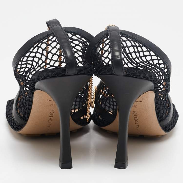 Pre Owned Bottega Veneta Black Mesh and Leather Stretch Ankle Strap Pumps Size 39