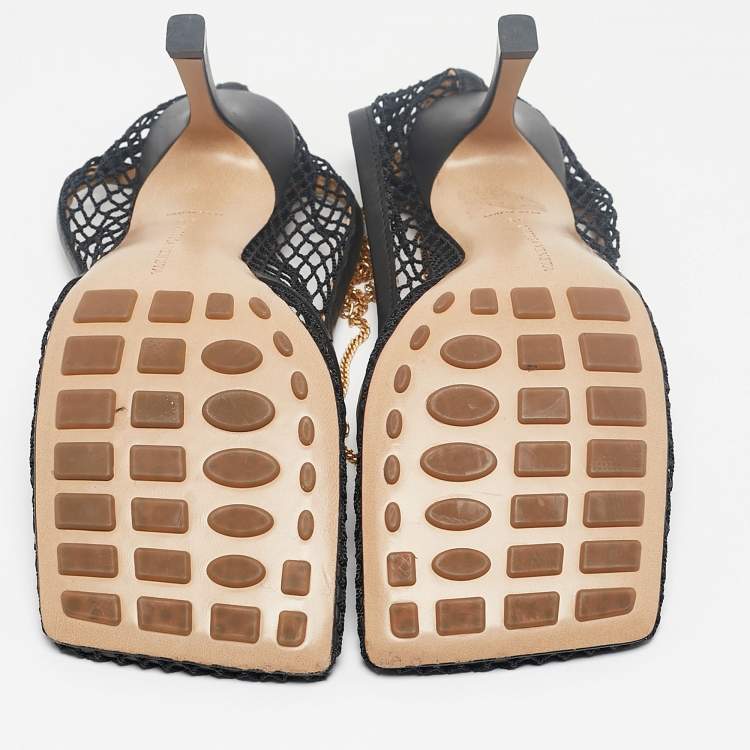 Pre Owned Bottega Veneta Black Mesh and Leather Stretch Ankle Strap Pumps Size 39