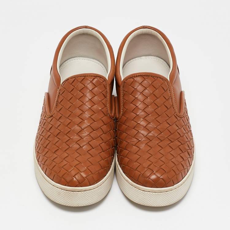 Pre Owned Bottega Veneta Tan Intrecciato Leather Dodger Slip On Sneakers Size 40