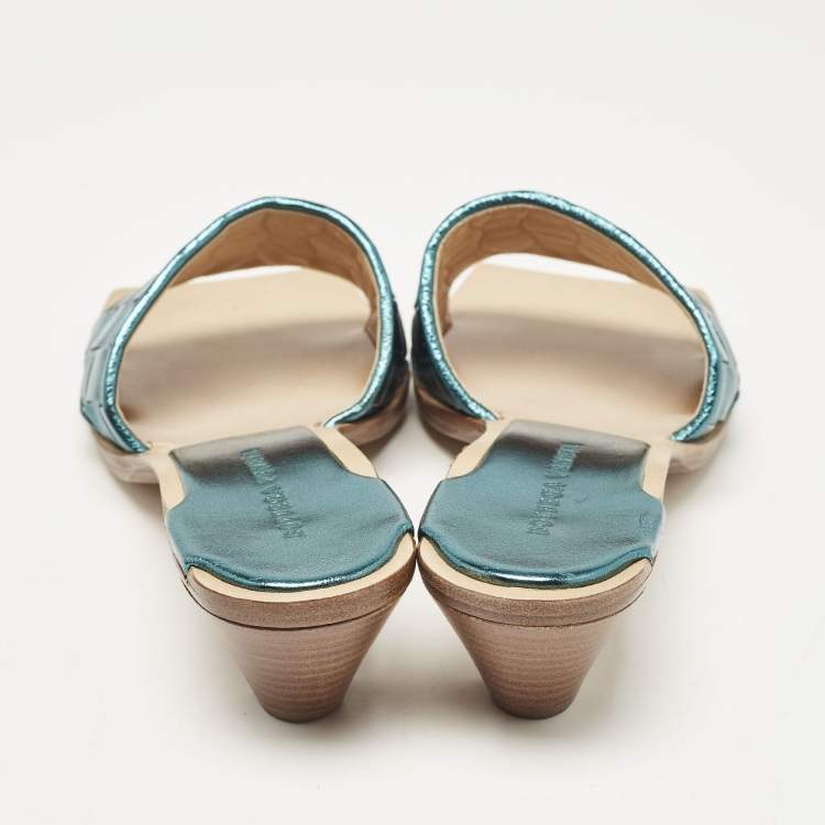 Pre Owned Bottega Veneta Metallic Blue Intrecciato Leather Square Toe Slide Sandals Size 38