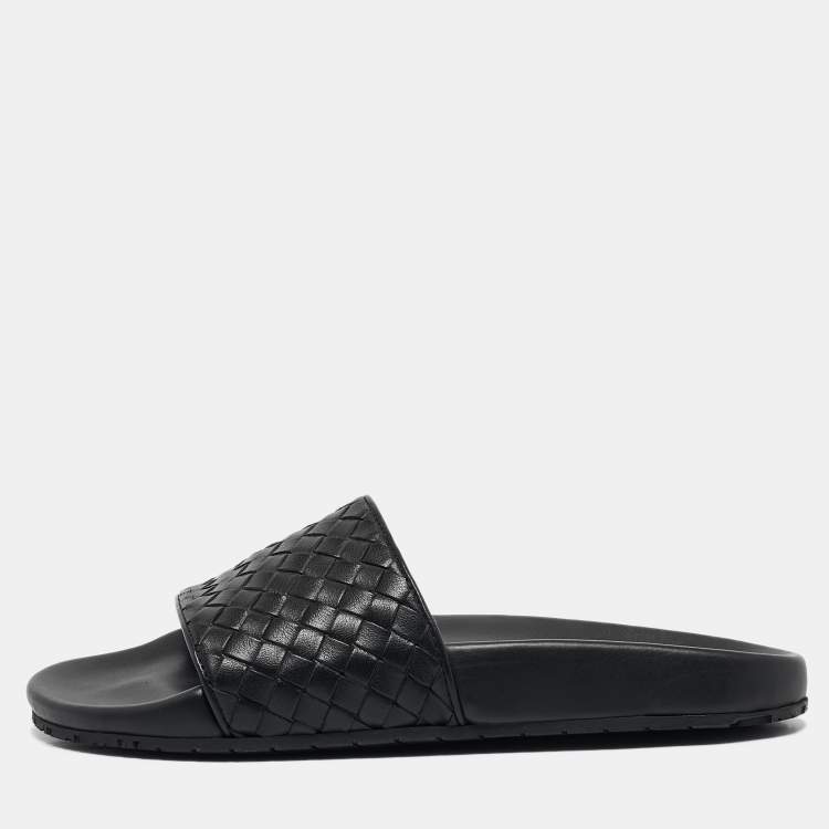 Pre Owned Bottega Veneta Black Intrecciato Leather Flat Slides Size 37