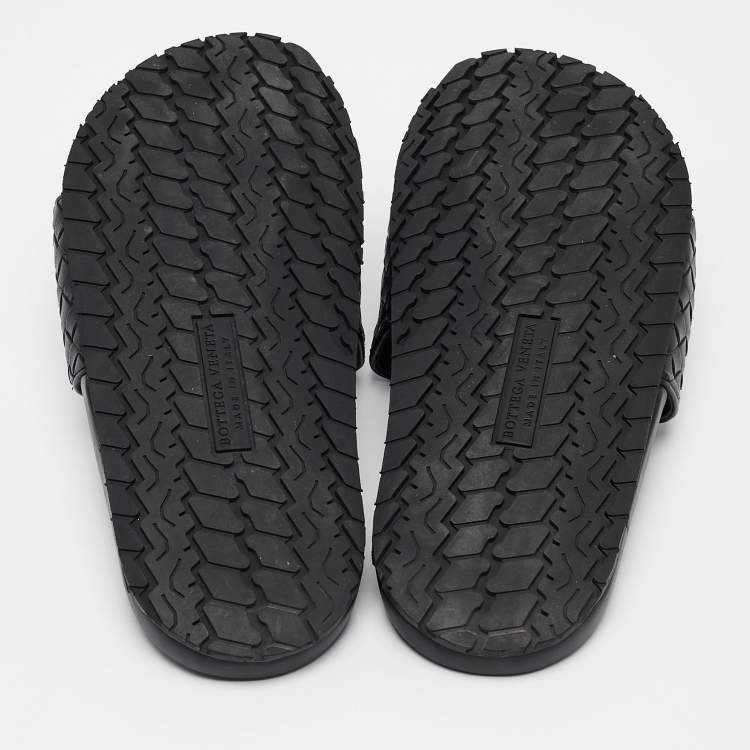 Pre Owned Bottega Veneta Black Intrecciato Leather Flat Slides Size 37