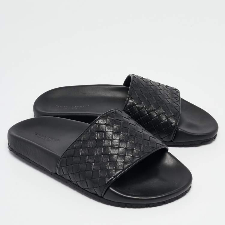 Pre Owned Bottega Veneta Black Intrecciato Leather Flat Slides Size 37