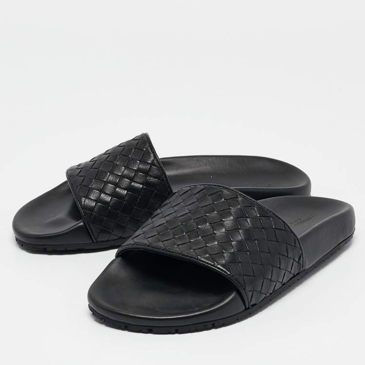 Pre Owned Bottega Veneta Black Intrecciato Leather Flat Slides Size 37