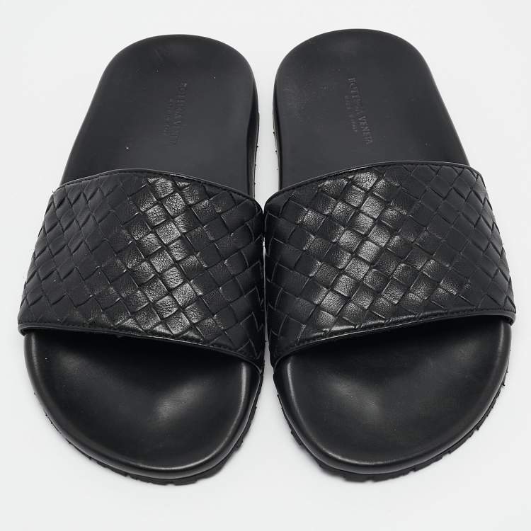 Pre Owned Bottega Veneta Black Intrecciato Leather Flat Slides Size 37