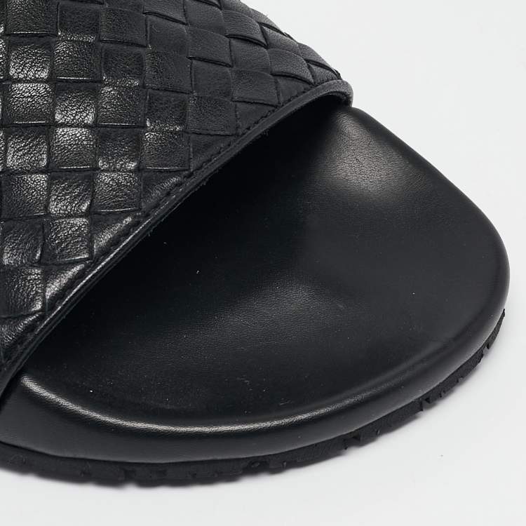 Pre Owned Bottega Veneta Black Intrecciato Leather Flat Slides Size 37