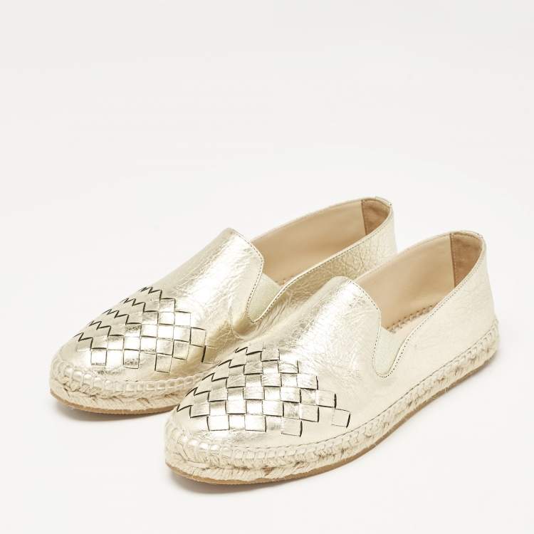 Pre Owned Bottega Veneta Gold Intrecciato Leather Espadrille Flats Size 36