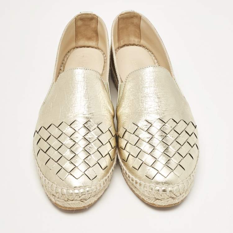 Pre Owned Bottega Veneta Gold Intrecciato Leather Espadrille Flats Size 36