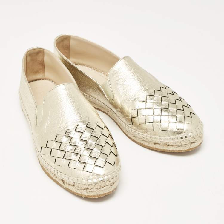 Pre Owned Bottega Veneta Gold Intrecciato Leather Espadrille Flats Size 36