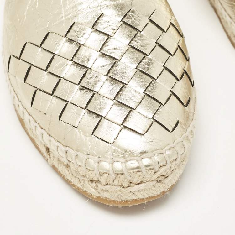 Pre Owned Bottega Veneta Gold Intrecciato Leather Espadrille Flats Size 36