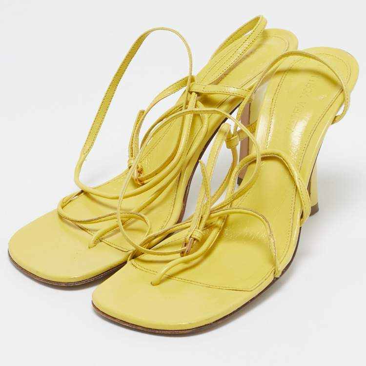 Pre Owned Bottega Veneta Yellow Leather Square Toe Ankle Strap Sandals Size 37
