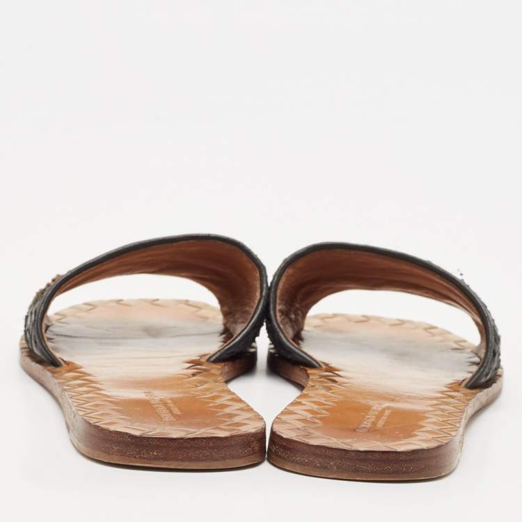 Pre Owned Bottega Veneta Gold/Black Intrecciato Leather Flat Slides Size 35.5