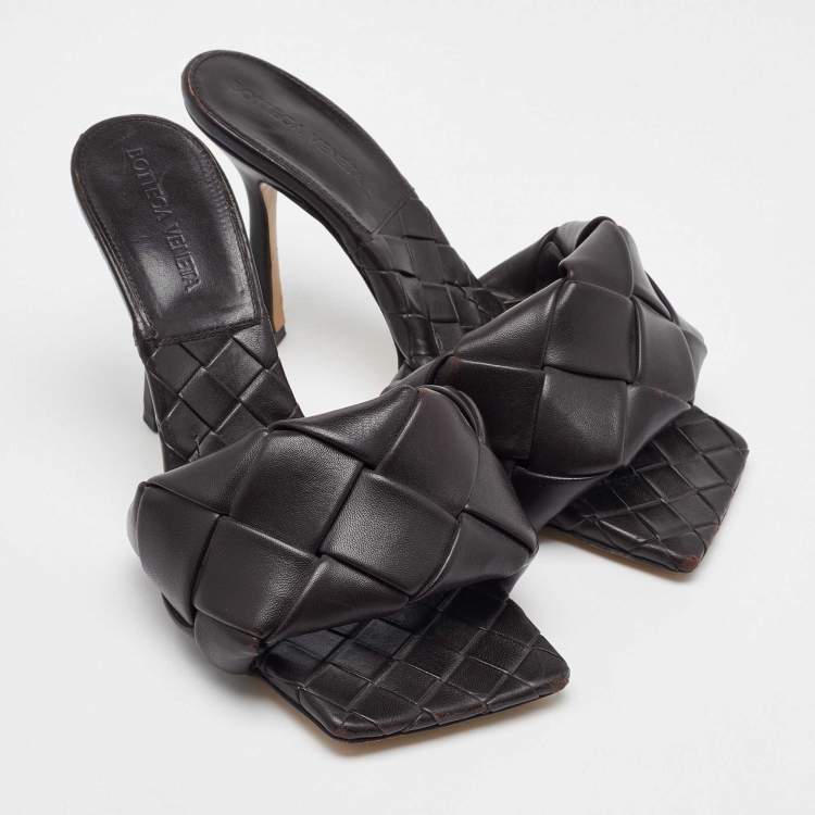Pre Owned Bottega Veneta Dark Brown Intrecciato Leather Lido Slide Sandals Size 37