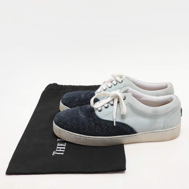 Pre Owned Bottega Veneta Navy Blue/Light Blue Intrecciato Suede Lace Up Sneakers Size 41