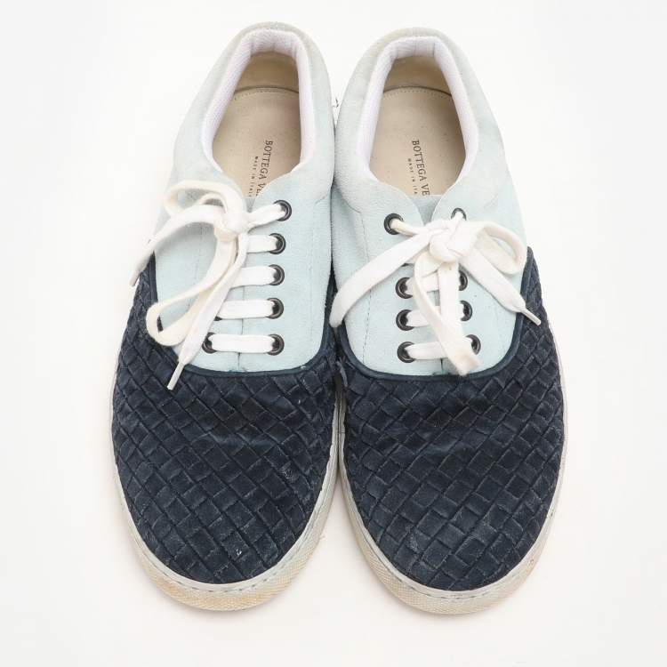 Pre Owned Bottega Veneta Navy Blue/Light Blue Intrecciato Suede Lace Up Sneakers Size 41