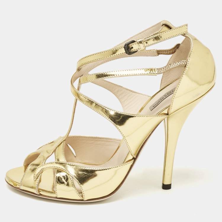 Pre Owned Bottega Veneta Gold Leather Ankle Strap Peep Toe Sandals Size 39