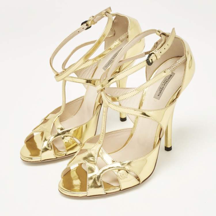 Pre Owned Bottega Veneta Gold Leather Ankle Strap Peep Toe Sandals Size 39