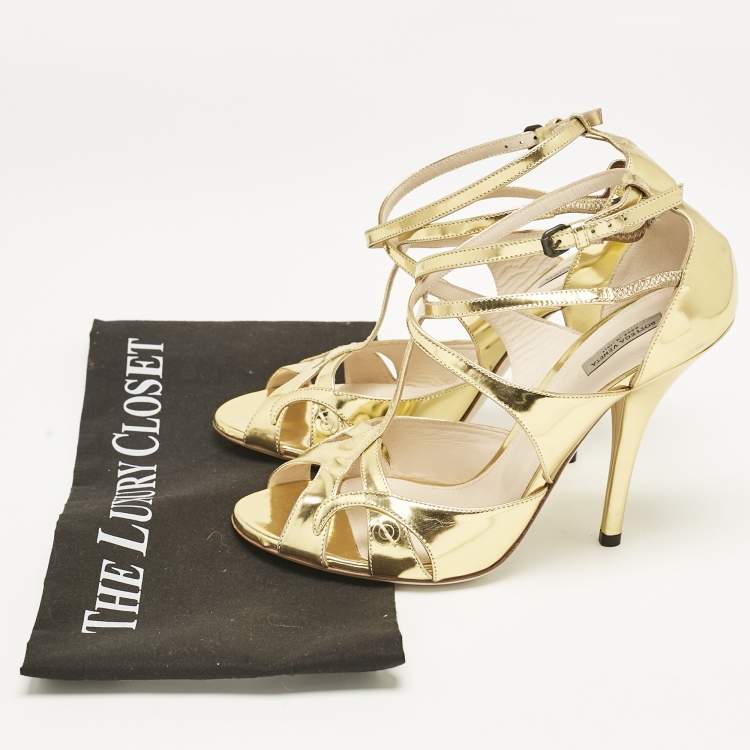 Pre Owned Bottega Veneta Gold Leather Ankle Strap Peep Toe Sandals Size 39
