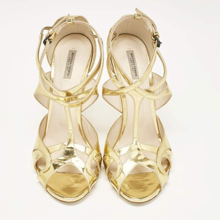 Pre Owned Bottega Veneta Gold Leather Ankle Strap Peep Toe Sandals Size 39