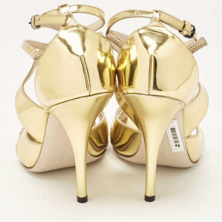Pre Owned Bottega Veneta Gold Leather Ankle Strap Peep Toe Sandals Size 39