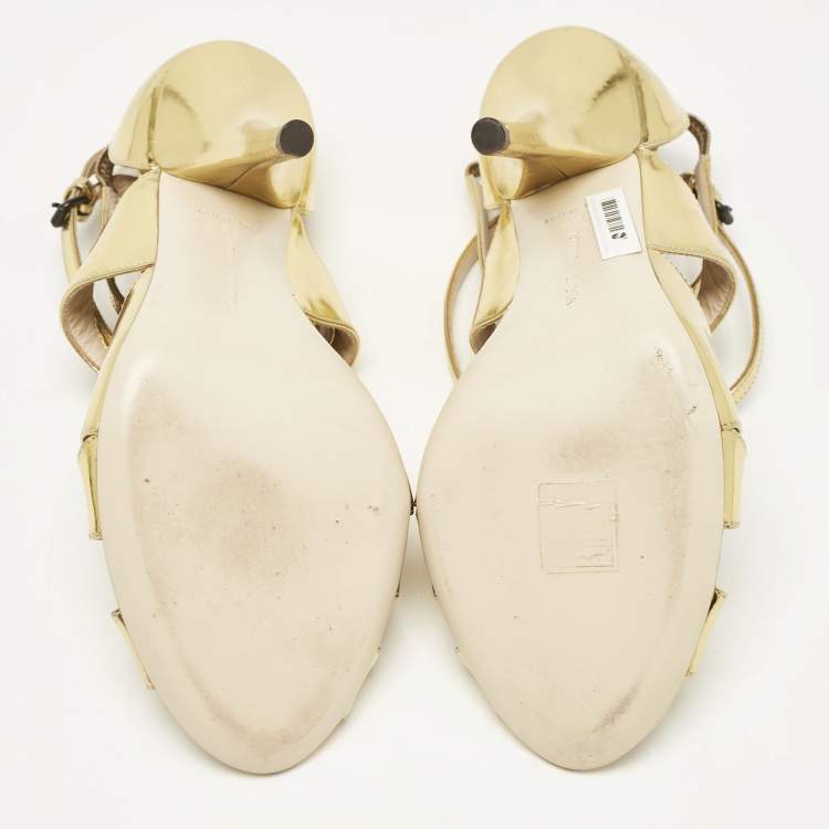 Pre Owned Bottega Veneta Gold Leather Ankle Strap Peep Toe Sandals Size 39