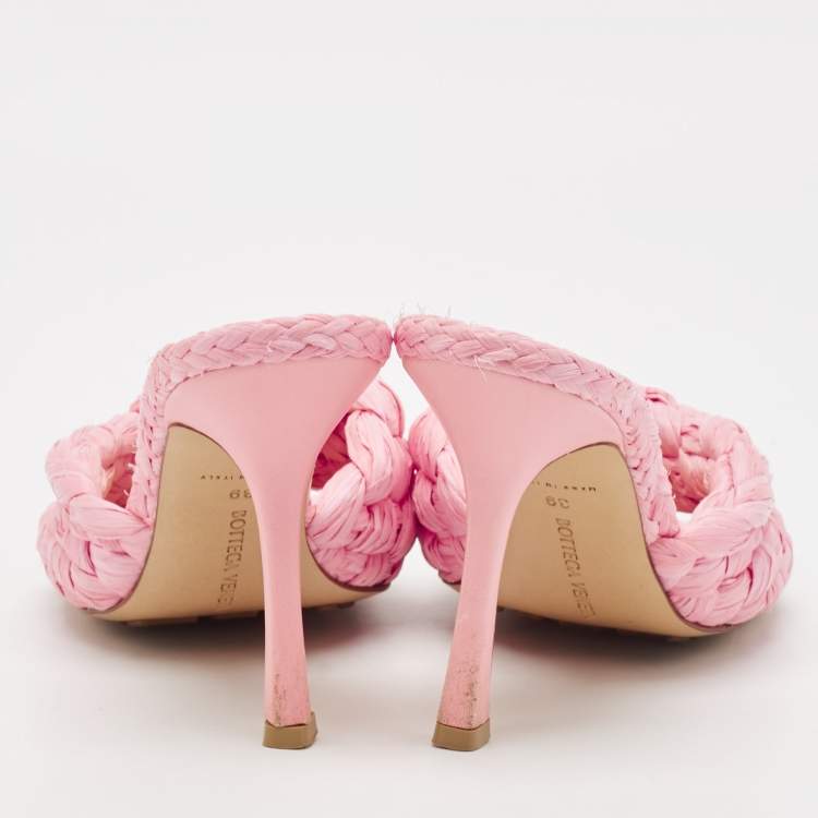 Pre Owned Bottega Veneta Pink Woven Raffia Stretch Slide Sandals Size 39