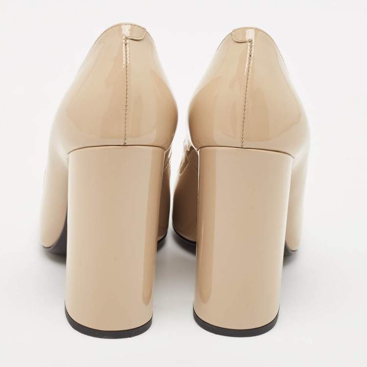 Pre Owned Bottega Veneta Beige Patent Leather Intrecciato Detail Block Heel Pumps Size 36.5
