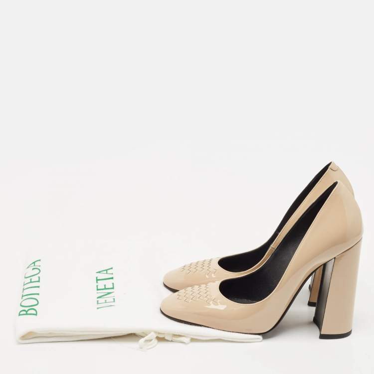 Pre Owned Bottega Veneta Beige Patent Leather Intrecciato Detail Block Heel Pumps Size 36.5