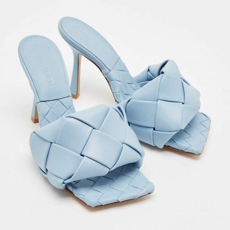 Pre Owned Bottega Veneta Blue Intrecciato Leather Lido Slide Sandals Size 36.5