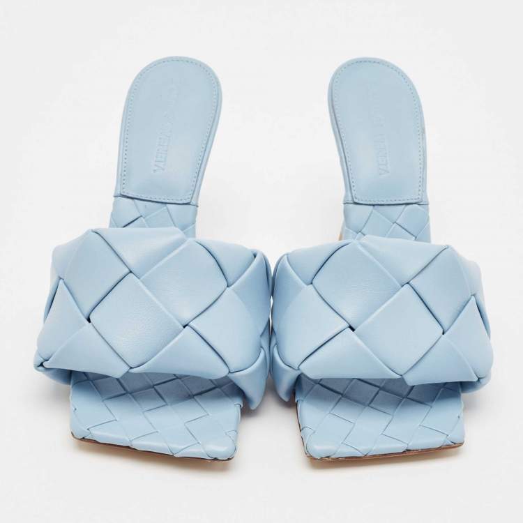 Pre Owned Bottega Veneta Blue Intrecciato Leather Lido Slide Sandals Size 36.5