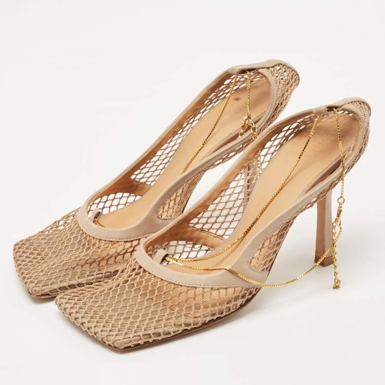 Pre Owned Bottega Veneta Beige Mesh and Leather Chain Stretch Pumps Size 38