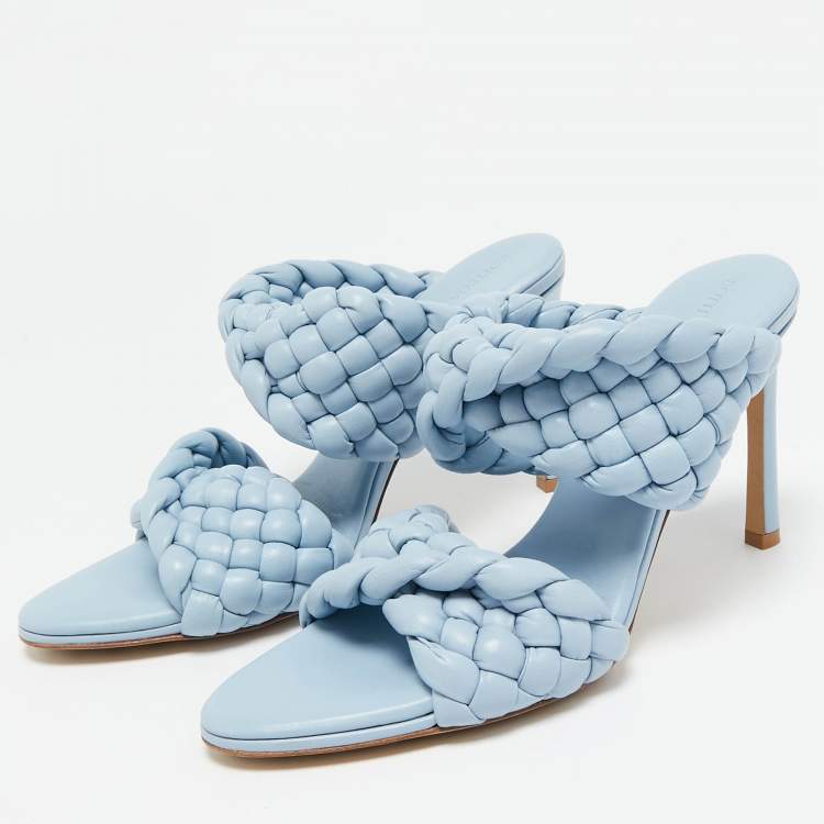 Pre Owned Bottega Veneta Blue Intrecciato Leather Curve Slide Sandals Size 39