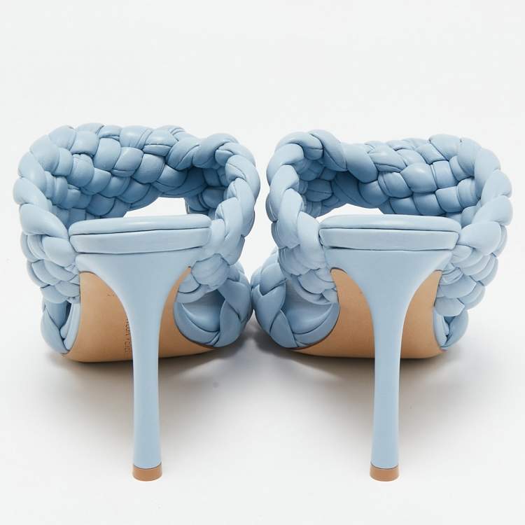 Pre Owned Bottega Veneta Blue Intrecciato Leather Curve Slide Sandals Size 39