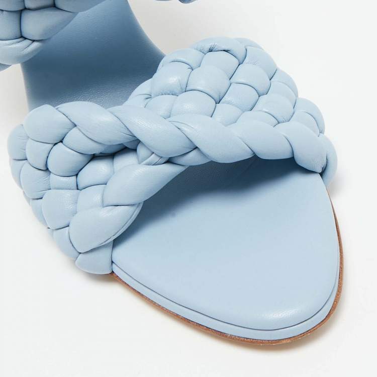 Pre Owned Bottega Veneta Blue Intrecciato Leather Curve Slide Sandals Size 39