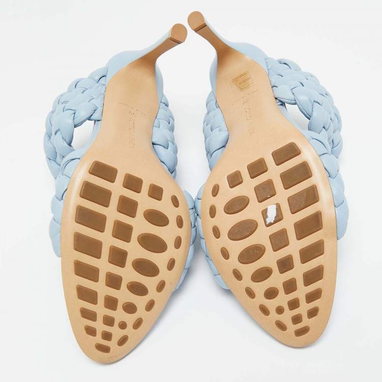 Pre Owned Bottega Veneta Blue Intrecciato Leather Curve Slide Sandals Size 39