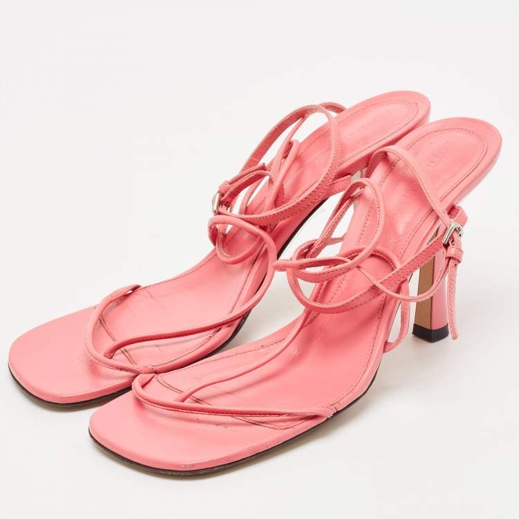 Pre Owned Bottega Veneta Pink Leather Square Toe Ankle Strap Sandals Size 37