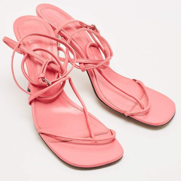 Pre Owned Bottega Veneta Pink Leather Square Toe Ankle Strap Sandals Size 37