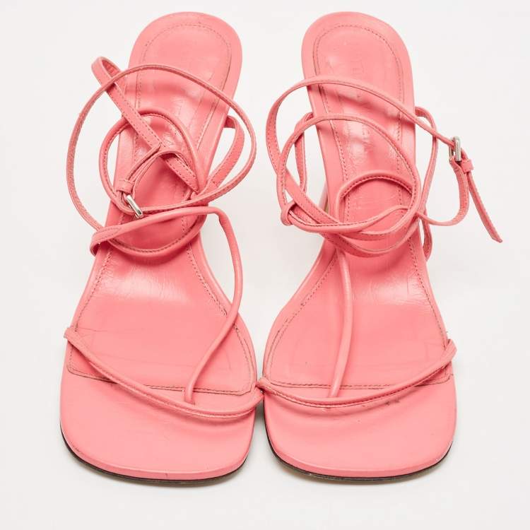 Pre Owned Bottega Veneta Pink Leather Square Toe Ankle Strap Sandals Size 37