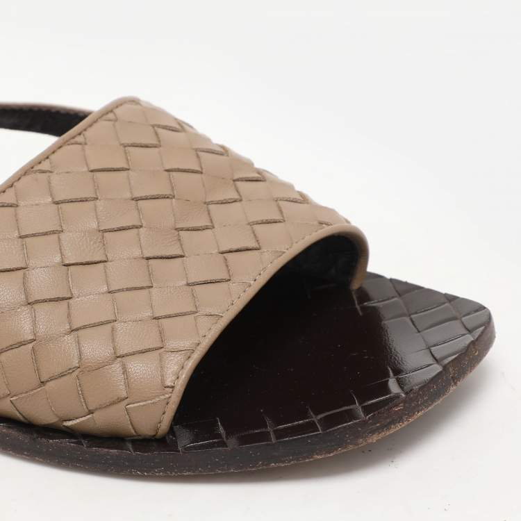 Pre Owned Bottega Veneta Beige Intrecciato Leather Calvados Slingback Flat Sandals Size 38