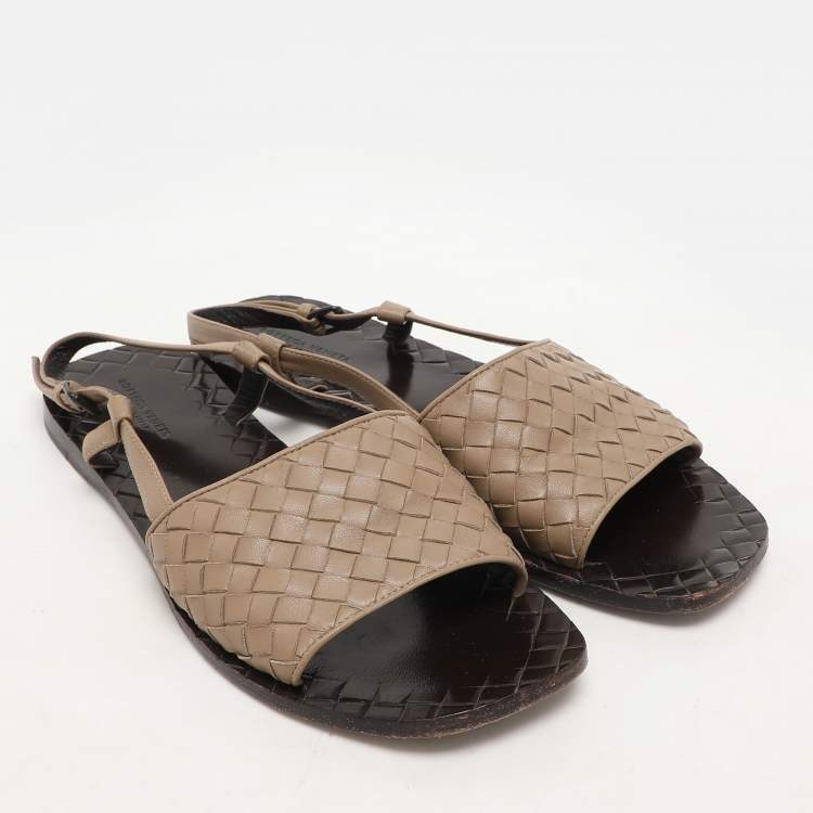 Pre Owned Bottega Veneta Beige Intrecciato Leather Calvados Slingback Flat Sandals Size 38