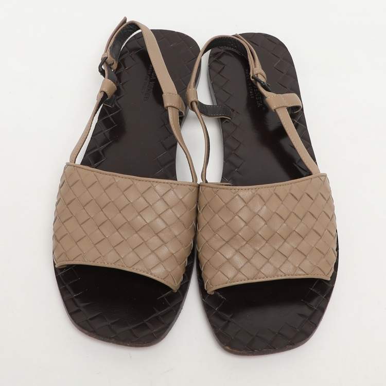 Pre Owned Bottega Veneta Beige Intrecciato Leather Calvados Slingback Flat Sandals Size 38