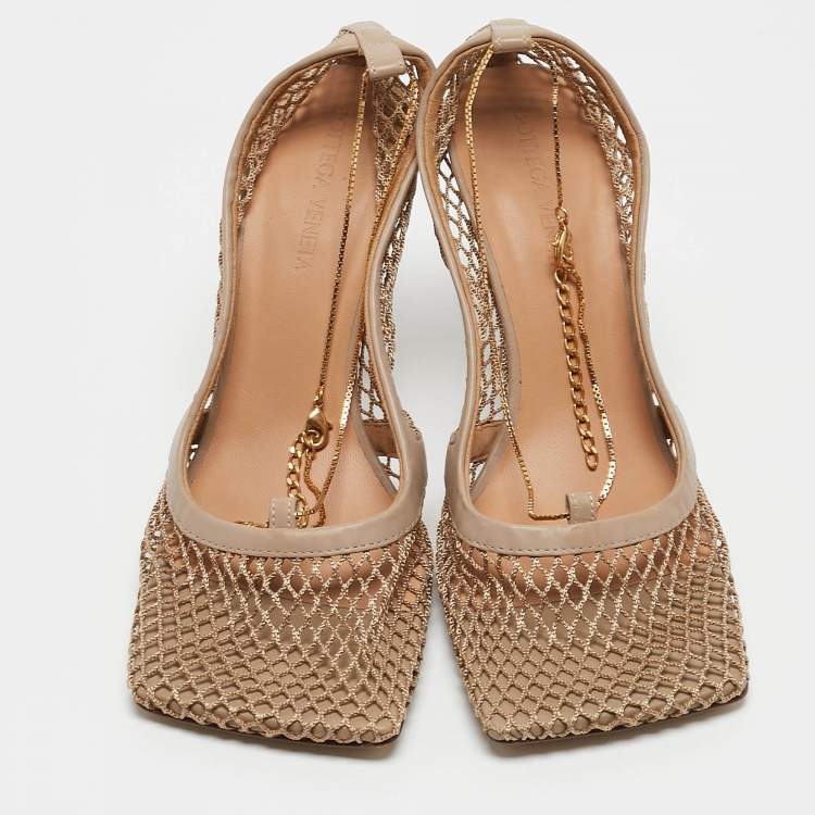Pre Owned Bottega Veneta Beige Mesh and Leather Chain Stretch Pumps Size 36